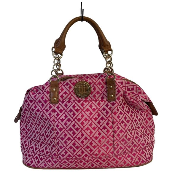 Tommy Hilfiger Handbags - Tommy Hilfiger Pink Bowling Style Purse Logo Canvas Bag Leather Chain Accents